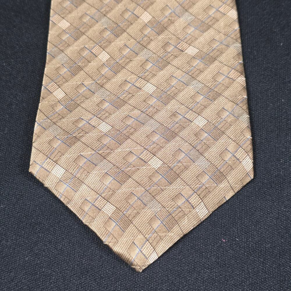 Alexander Julian Colours Men's Tie Beige Tan Blue Plaid 100% Silk Woven